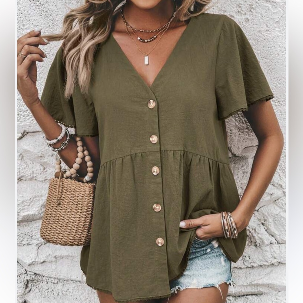 Emery Rose Green Button Front Lace-Trimmed Top Sz 3X